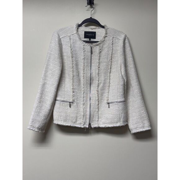 Lafayette 148 New York Jackets & Blazers - LAFAYETTE 148 Tweed Fringe Zip Front Blazer, Ivory, Pockets, Sz 8